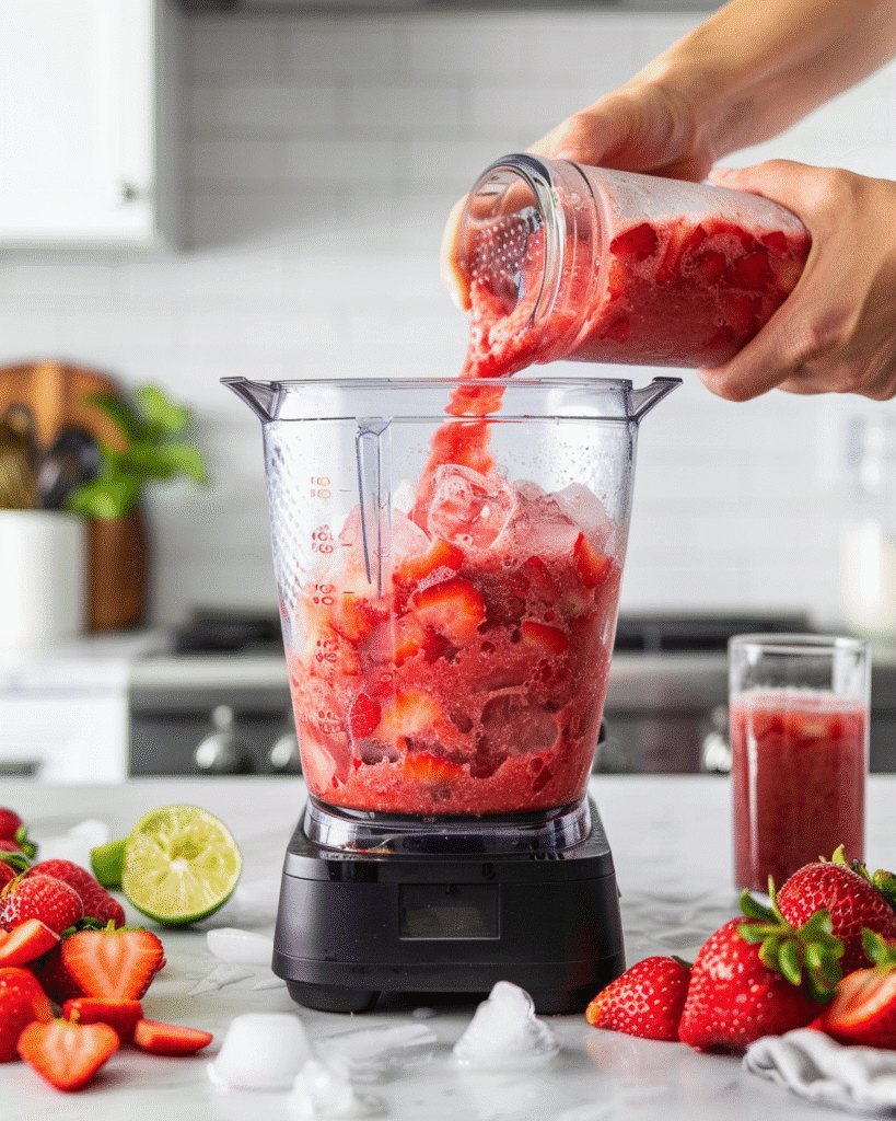 blending strawberries, lime juice, syrup, and ice to make a frozen virgin daiquiri