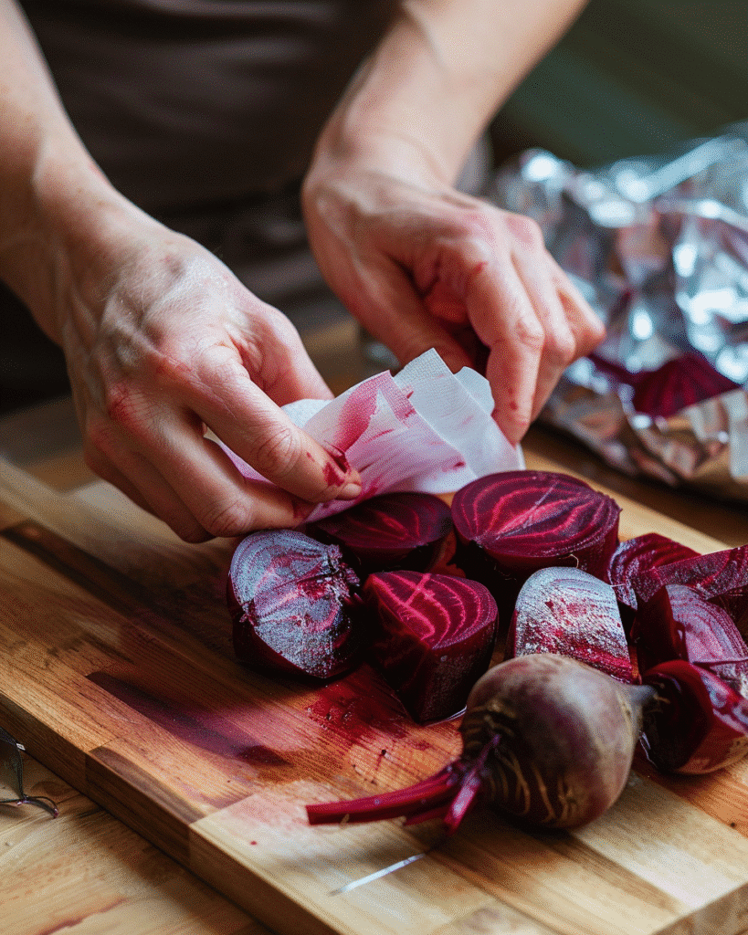peeling roasted beets after roasting in foil for a roasted beet salad
