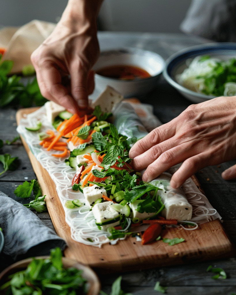 Hands rolling fresh vegetarian spring rolls with rice paper, vegetables, herbs, tofu, and noodles.