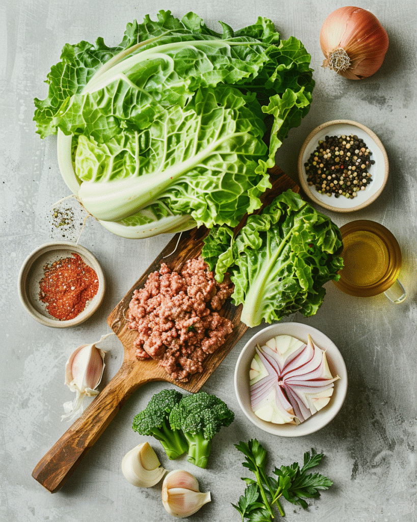 Fresh cabbage, ground beef, garlic, onion, olive oil, and spices for a cabbage and ground beef skillet recipe
