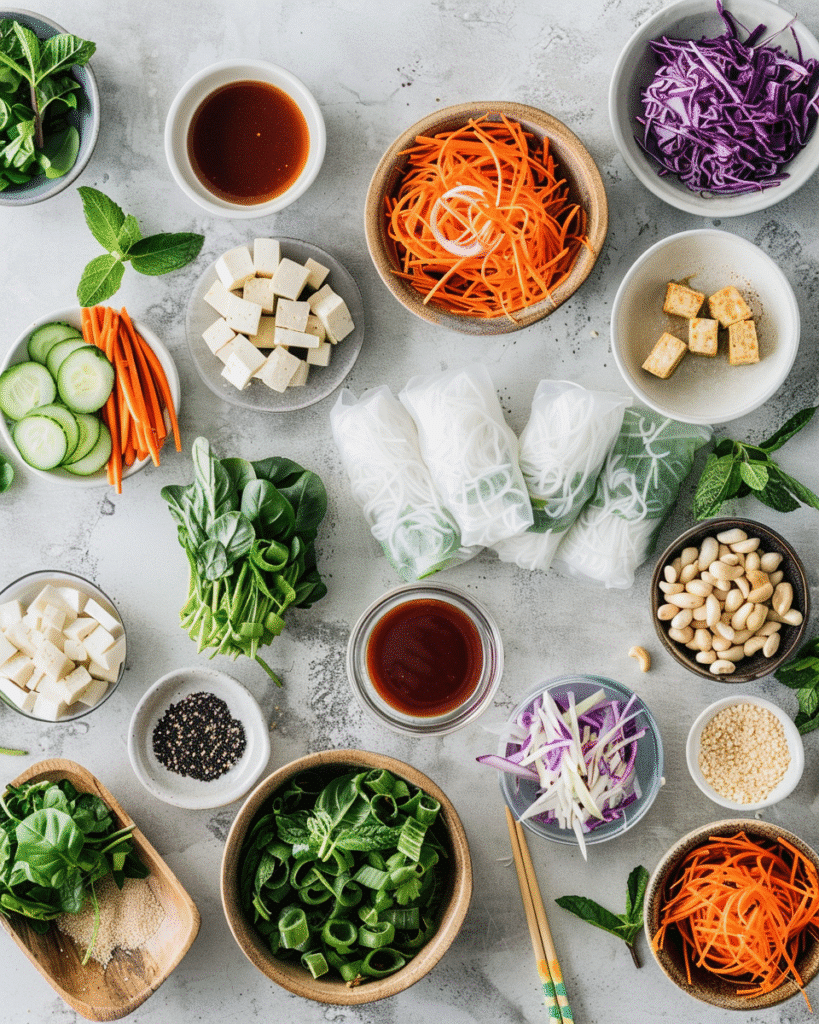 Rice paper, carrots, cucumber, cabbage, herbs, tofu, and noodles for making vegetarian spring rolls.