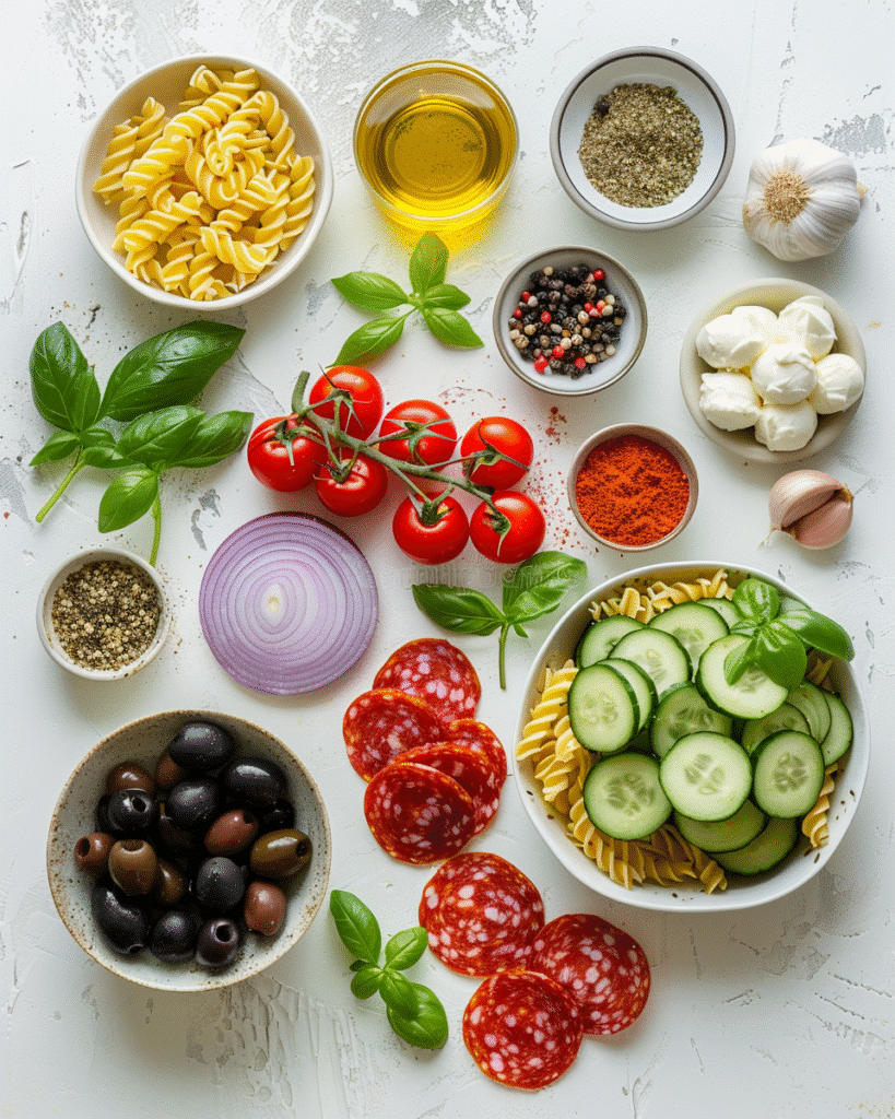 ingredients for Italian pasta salad arranged on a light surface including rotini pasta, tomatoes, cucumber, mozzarella, olives, basil, and dressing ingredients