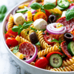 colorful Italian pasta salad in a white bowl with rotini, cherry tomatoes, mozzarella, olives, cucumber, basil, and salami