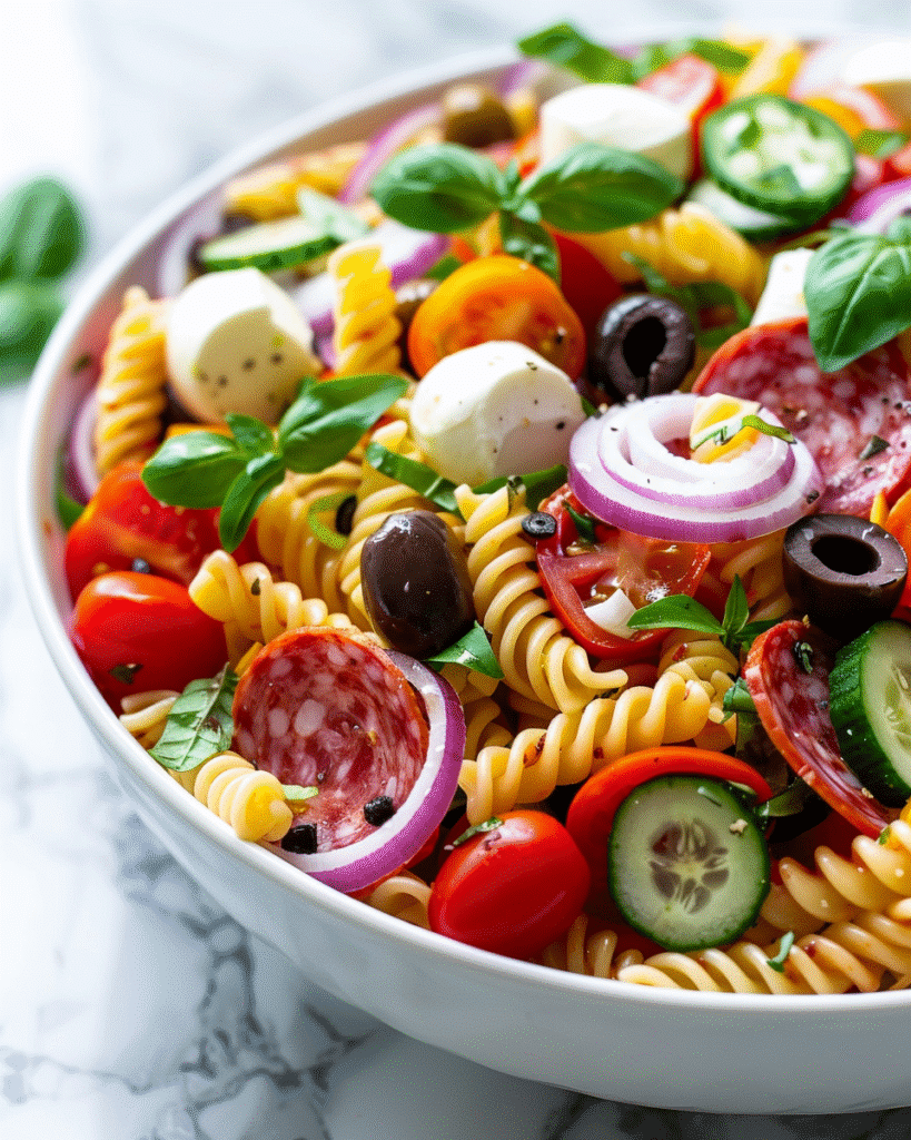 colorful Italian pasta salad in a white bowl with rotini, cherry tomatoes, mozzarella, olives, cucumber, basil, and salami