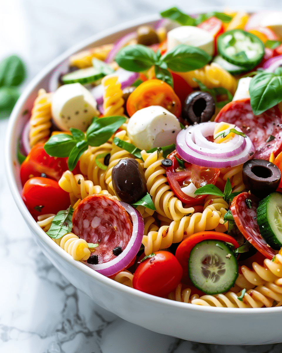 colorful Italian pasta salad in a white bowl with rotini, cherry tomatoes, mozzarella, olives, cucumber, basil, and salami