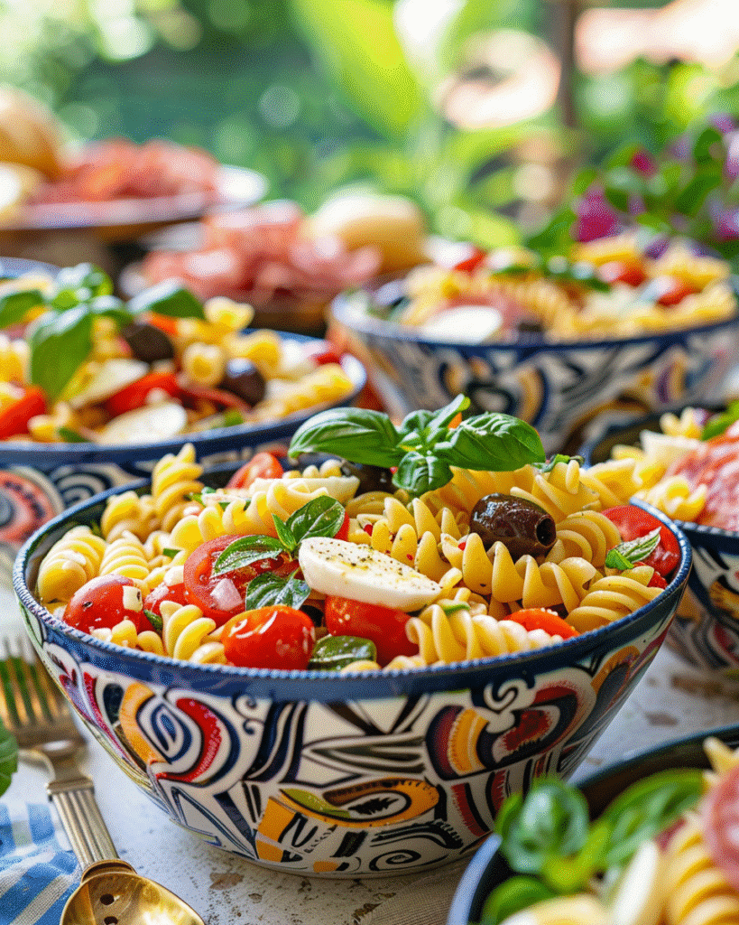individual bowls of Italian pasta salad served with basil garnish on a bright summer table