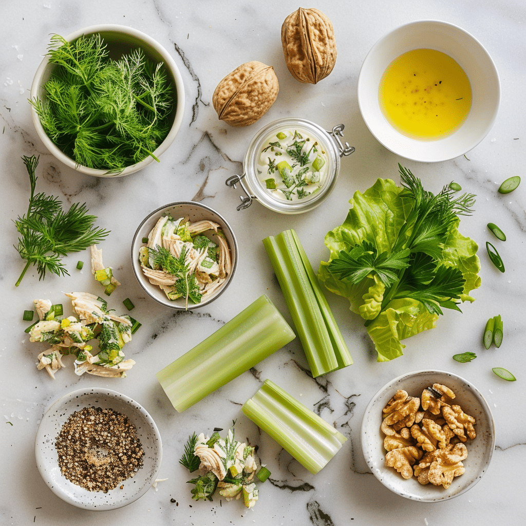 keto chicken salad ingredients including chicken, celery, dill, lemon, Dijon, and avocado oil mayonnaise