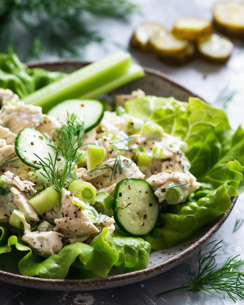 keto chicken salad served in butter lettuce wraps with fresh herbs