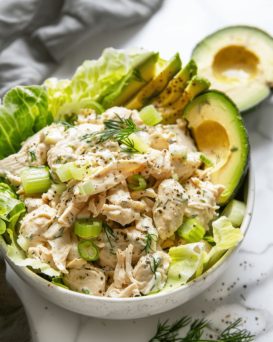 creamy keto chicken salad in a bowl with celery, dill, and lettuce cups