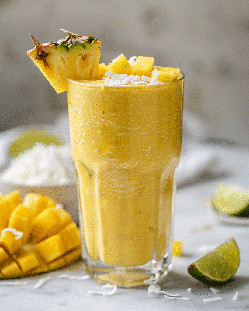 mango pineapple smoothie in a glass with frozen mango, pineapple, lime, and coconut flakes
