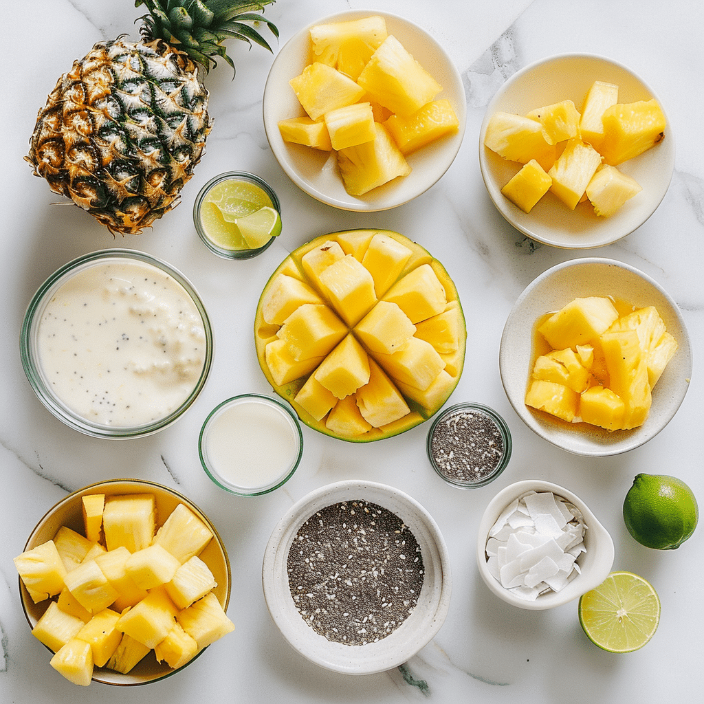 Best Mango Pineapple Smoothie Recipe: Refreshing Tropical Delight 7 ingredients for mango pineapple smoothie including mango, pineapple, banana, yogurt, almond milk, and chia seeds