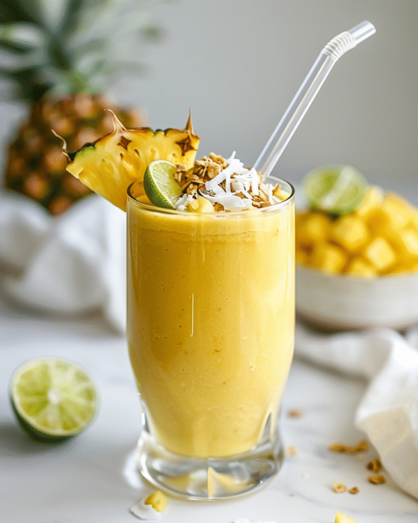 Best Mango Pineapple Smoothie Recipe: Refreshing Tropical Delight 9 mango pineapple smoothie served in a chilled glass with coconut flakes and lime garnish