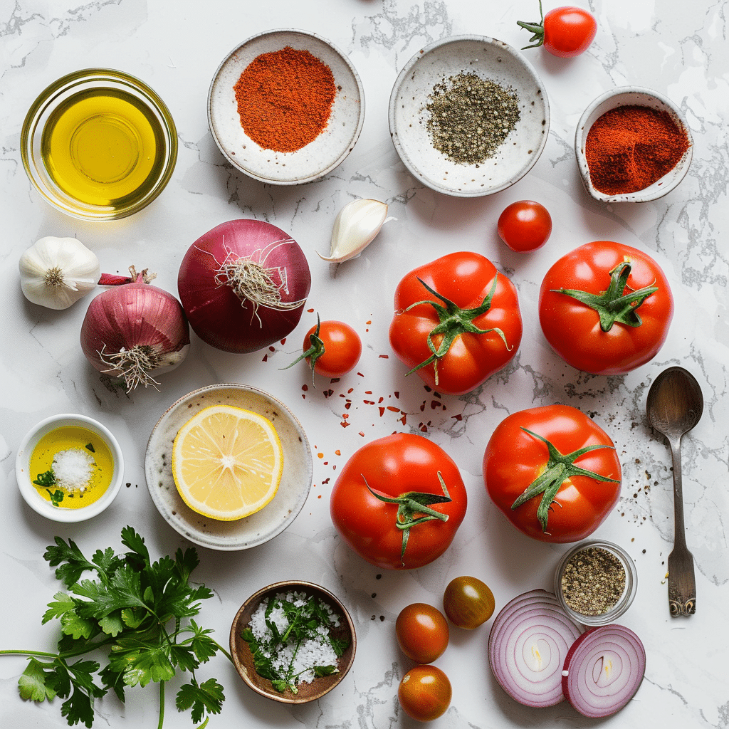 Ingredients for Moroccan tomato salad including tomatoes, red onion, parsley, cilantro, lemon, garlic, olive oil, and cumin