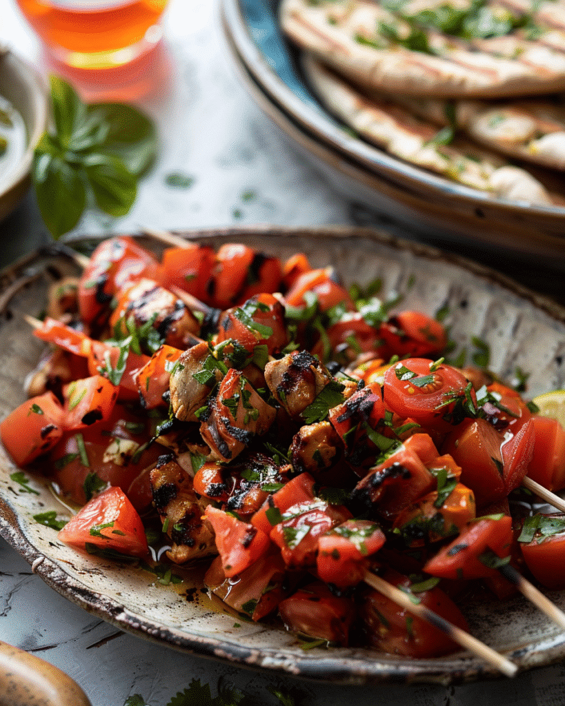 Moroccan tomato salad served on a platter with grilled chicken skewers and flatbread