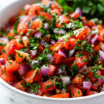 Moroccan tomato salad with chopped tomatoes, red onion, parsley, cilantro, olive oil, and cumin dressing