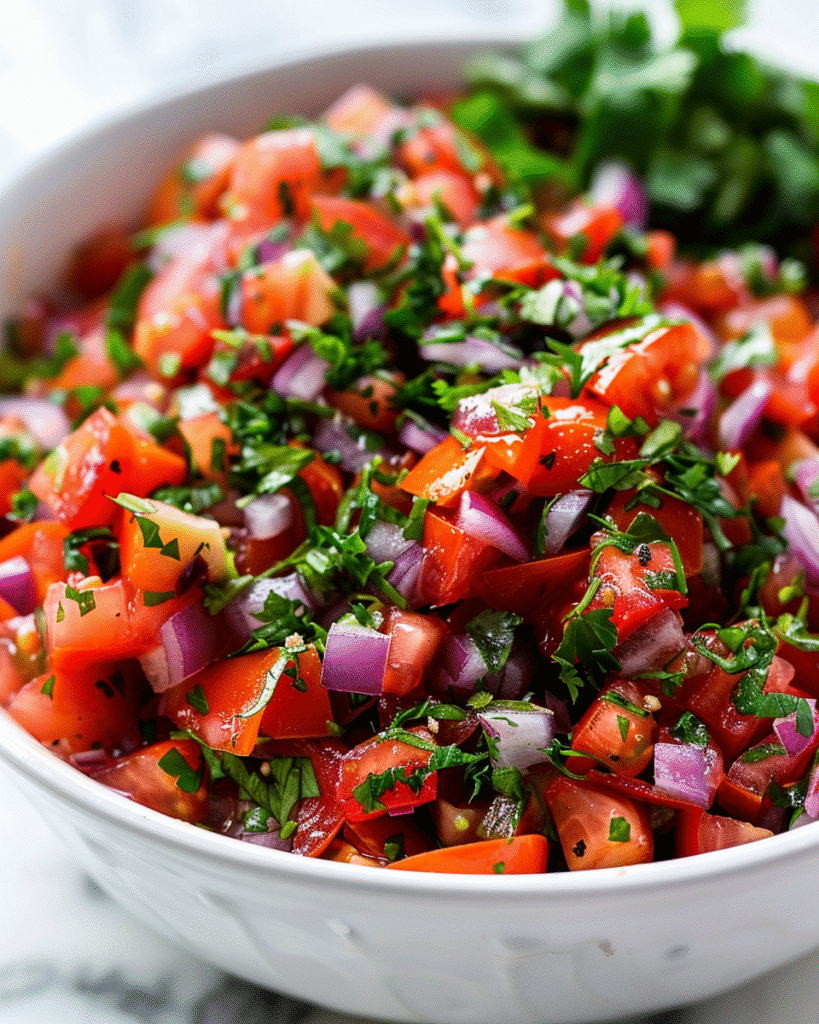 Moroccan tomato salad with chopped tomatoes, red onion, parsley, cilantro, olive oil, and cumin dressing