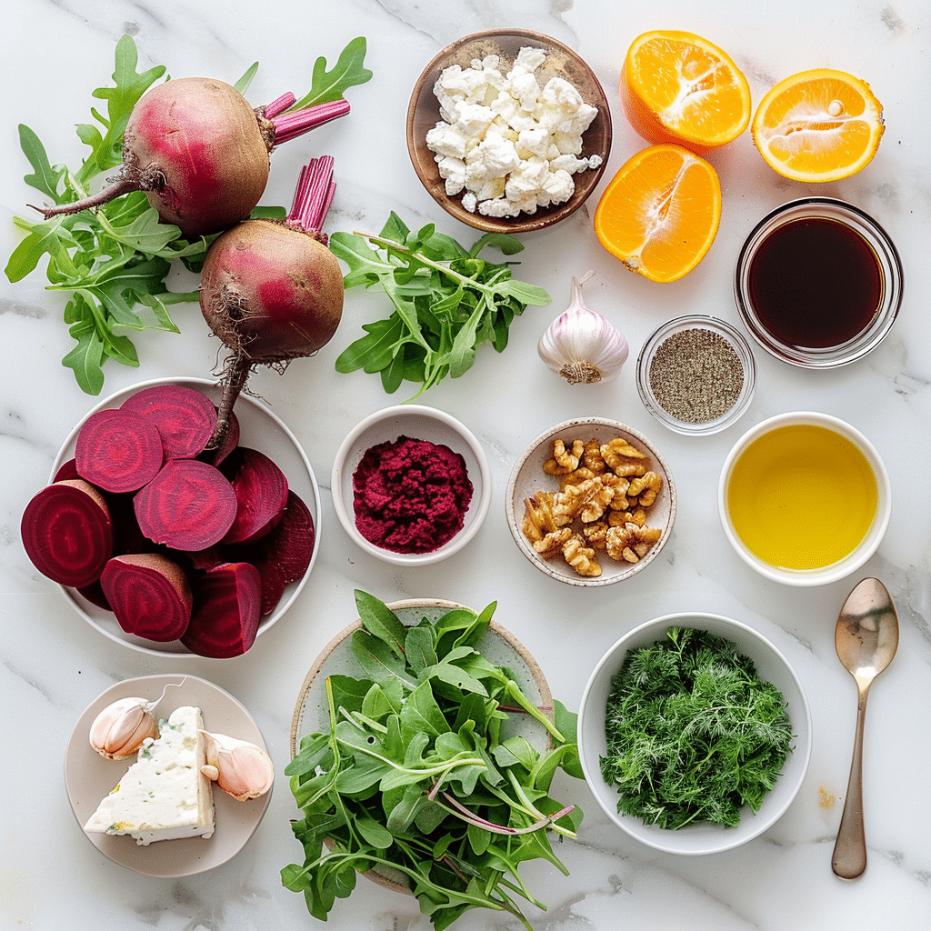 ingredients for roasted beet salad including red and golden beets, greens, goat cheese, walnuts, and vinaigrette staples