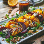 roasted beet salad platter with layered beet slices, arugula, goat cheese, walnuts, and balsamic vinaigrette