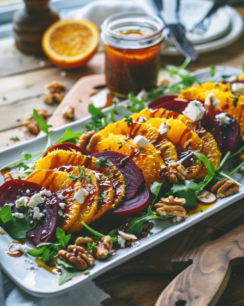 roasted beet salad platter with layered beet slices, arugula, goat cheese, walnuts, and balsamic vinaigrette
