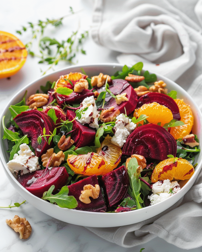 roasted beet salad with arugula, goat cheese, walnuts, orange segments, and balsamic vinaigrette