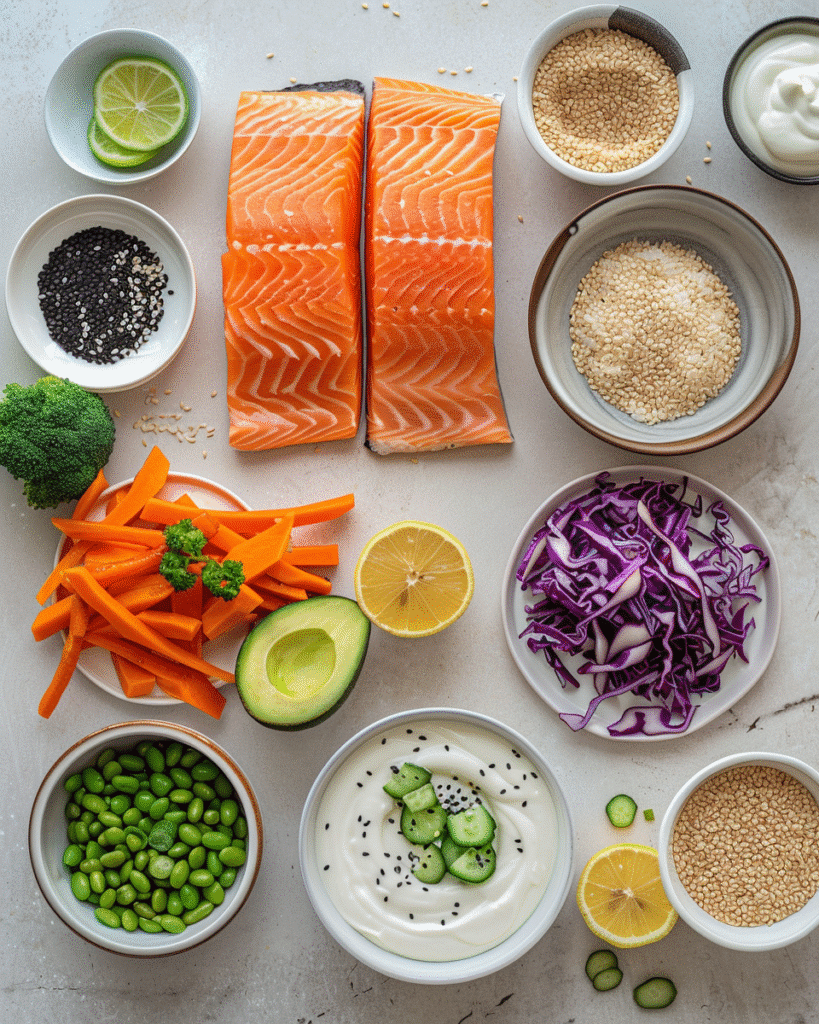 Salmon bowl ingredients including salmon fillets, rice, avocado, cabbage, cucumber, carrots, edamame, lemon, and sesame seeds.