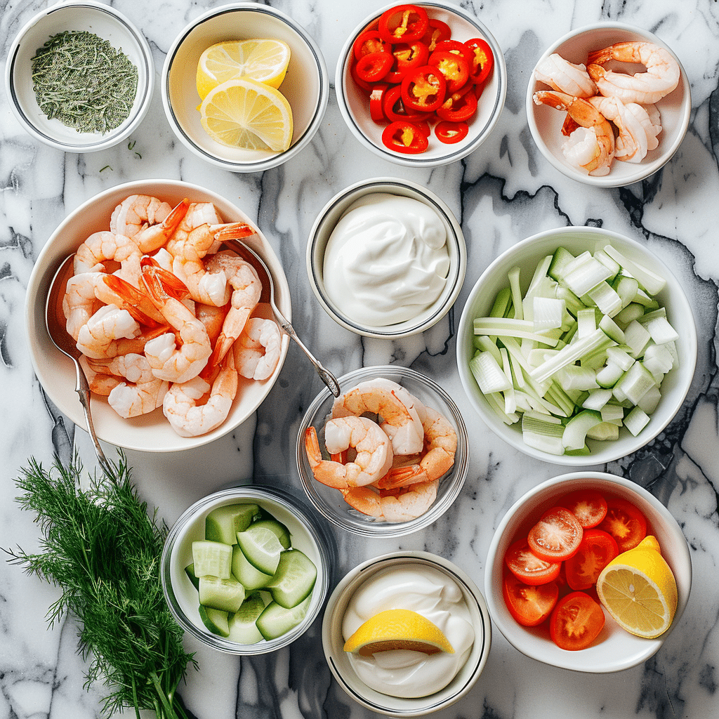 ingredients for seafood salad shrimp crab celery bell pepper lemon herbs