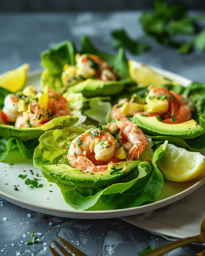 Step-by-step preparation of seafood salad showing shrimp and crab mixed with a creamy dressing.
