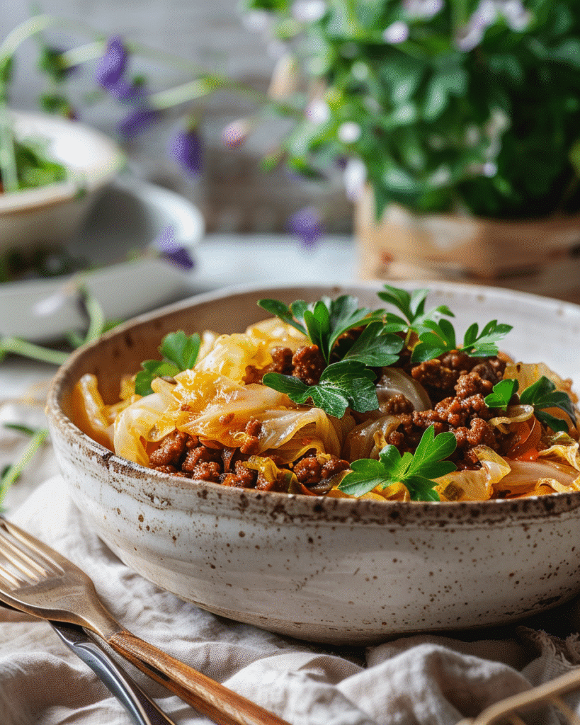 Served bowl of cabbage and ground beef comfort skillet garnished with herbs for a healthy weeknight dinner