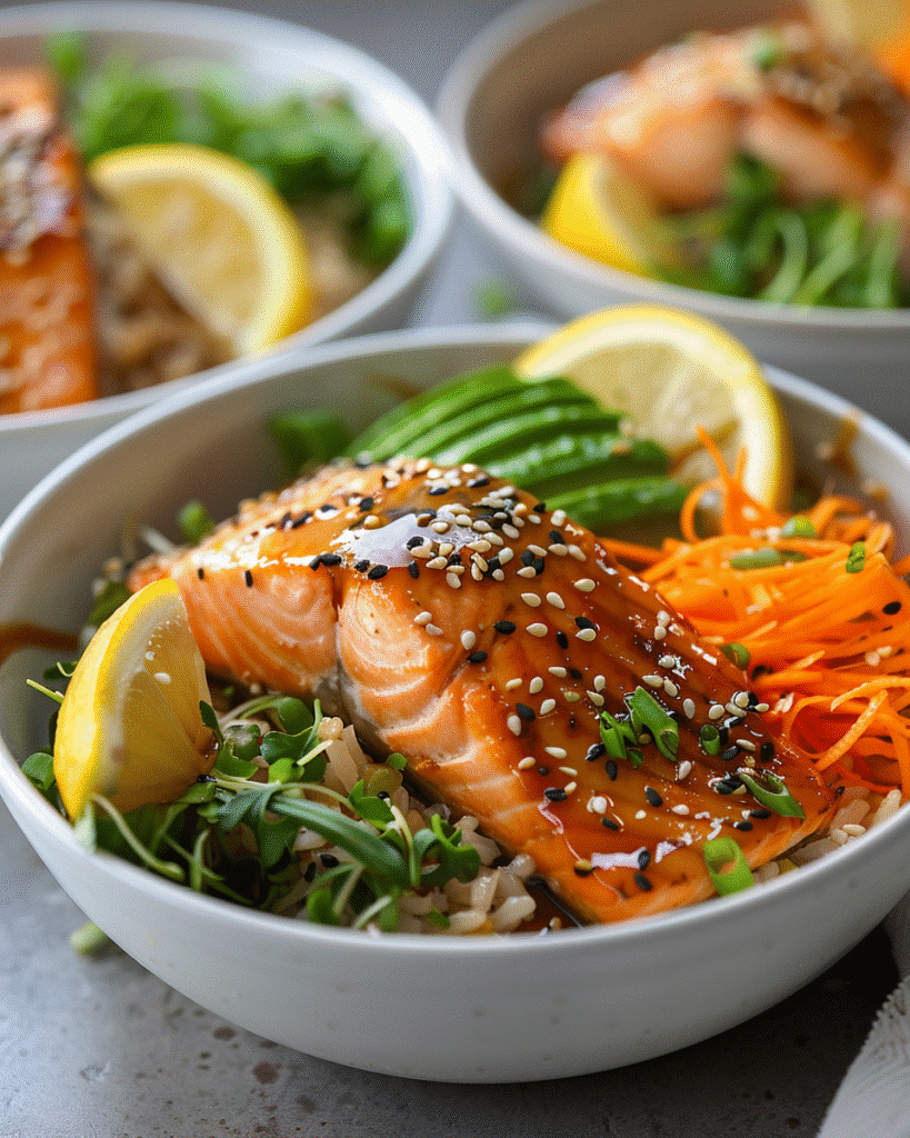 Step-by-step salmon bowl assembly showing salmon, rice, vegetables, and sauce for a quick homemade dinner.