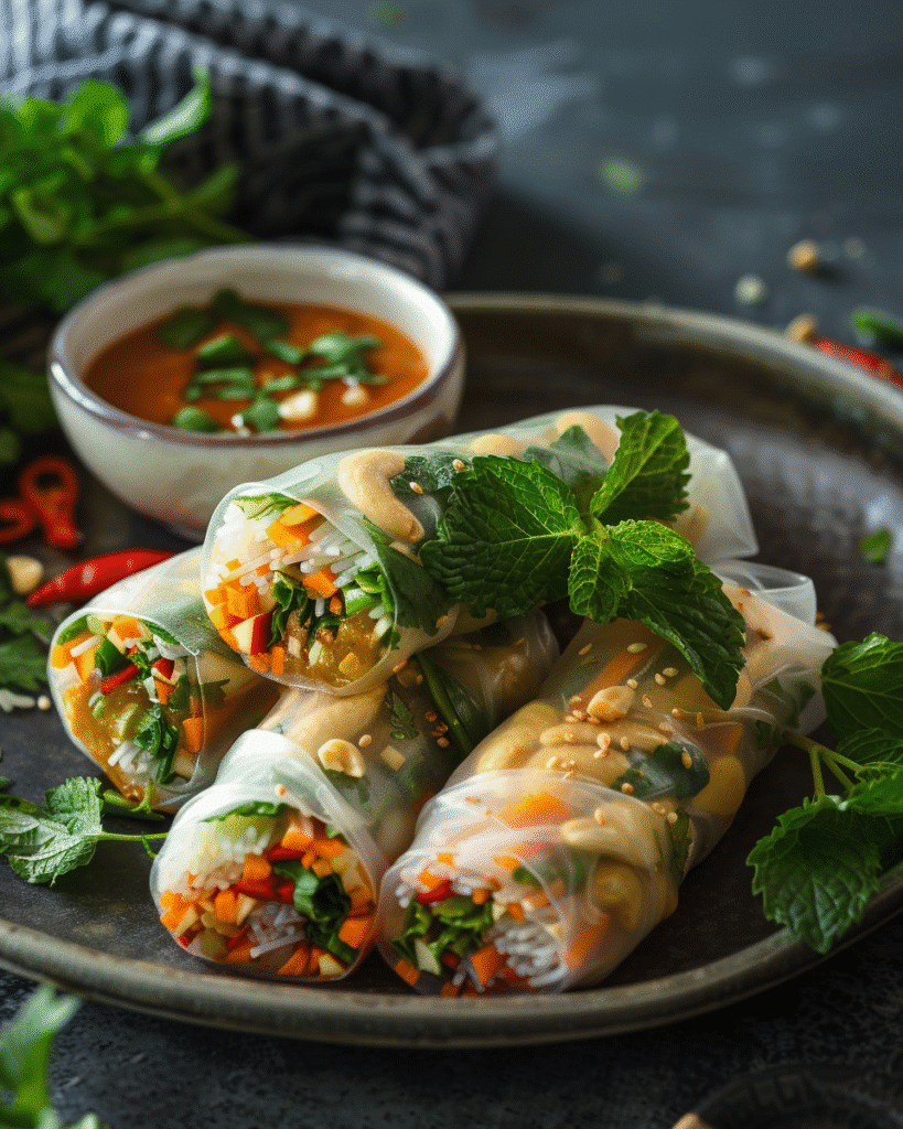 Vegetarian spring rolls served on a platter with peanut sauce and soy lime dipping sauce.