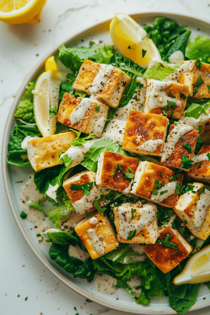 Served vegan Caesar salad with romaine, roasted tofu, dairy-free Caesar dressing, crispy croutons, and lemon wedges on a plate.