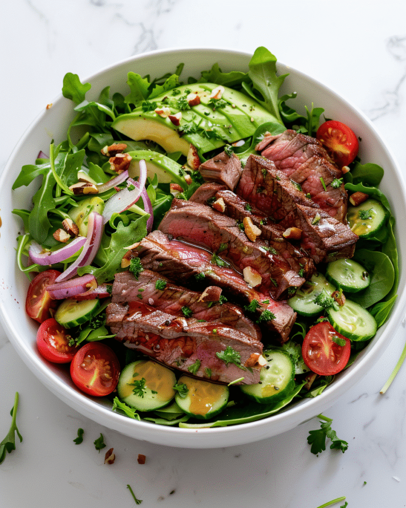 steak salad with medium-rare sliced steak, mixed greens, avocado, tomatoes, and vinaigrette