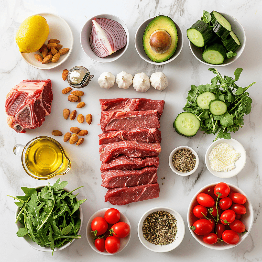 Best Steak Salad Recipe: How to Make a Delicious and Healthy Meal at Home 7 steak salad ingredients including steak, greens, tomatoes, cucumber, avocado, and vinaigrette staples