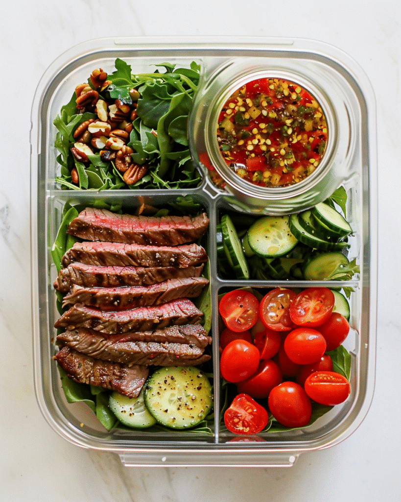 Best Steak Salad Recipe: How to Make a Delicious and Healthy Meal at Home 9 steak salad meal prep container with steak, greens, toppings, and dressing on the side
