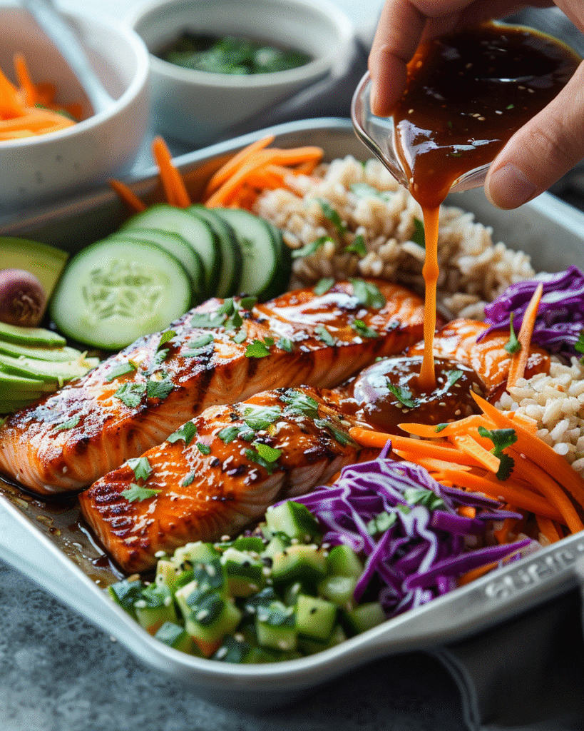 Step-by-step salmon bowl preparation with baked salmon, rice, vegetables, and sauce being added to a serving bowl.