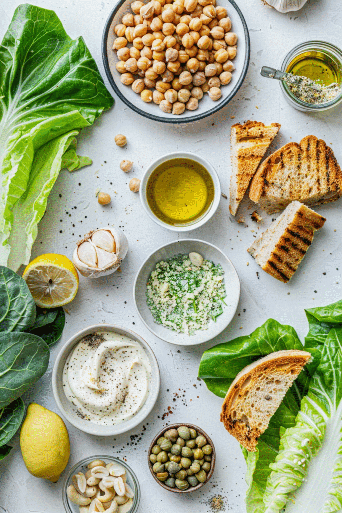 Ingredients for vegan Caesar salad including romaine, lemons, garlic, Dijon mustard, nutritional yeast, capers, croutons, and roasted chickpeas.