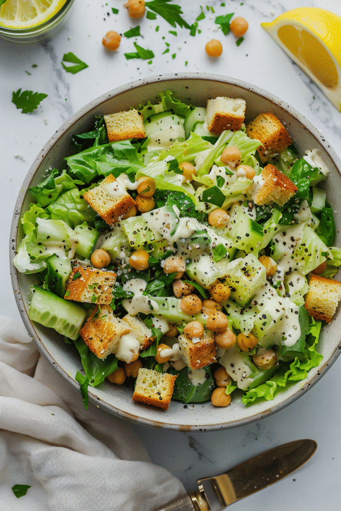 Vegan Caesar salad with romaine lettuce, creamy dairy-free Caesar dressing, roasted chickpeas, vegan parmesan, and golden croutons in a white bowl.