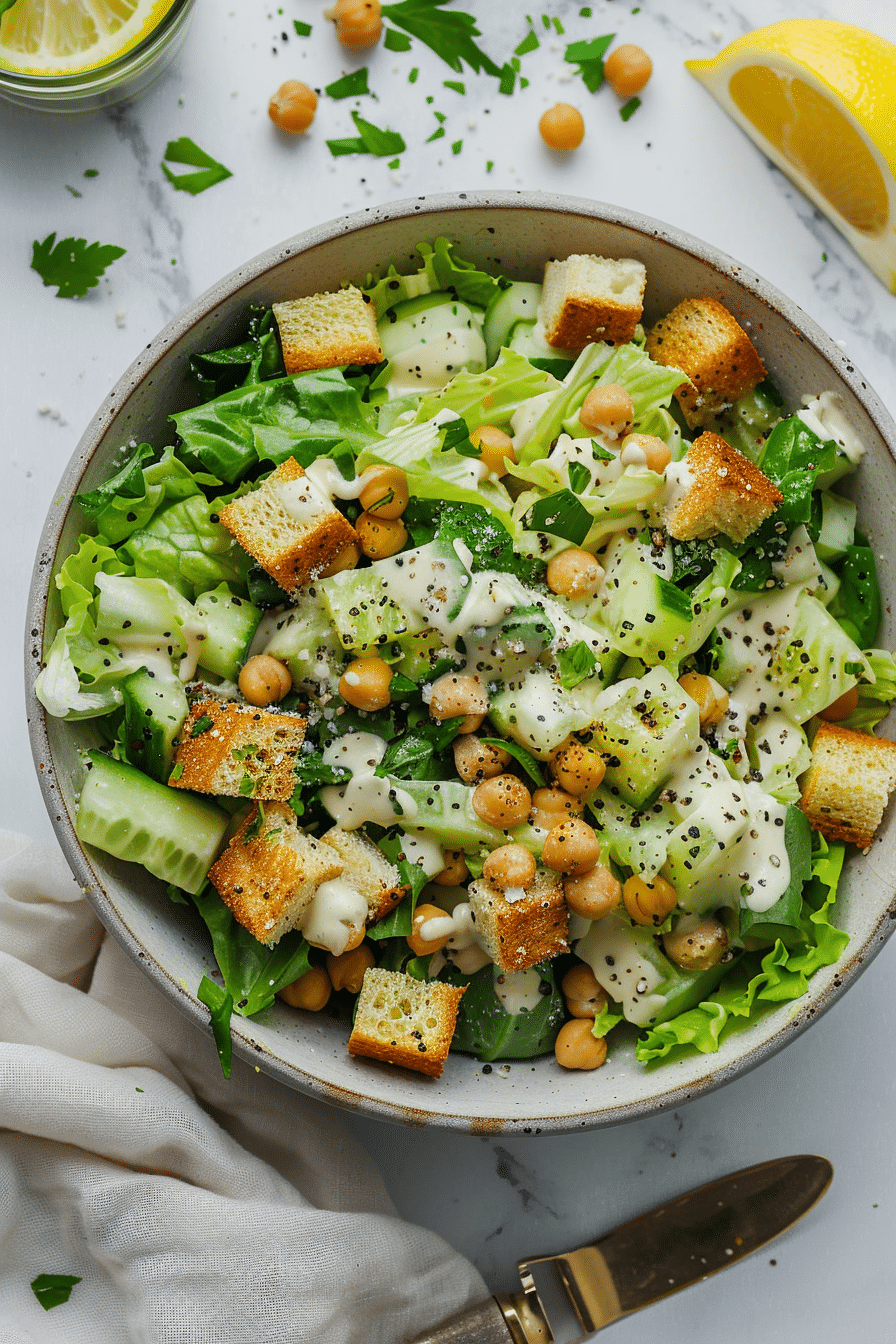 Vegan Caesar salad with romaine lettuce, creamy dairy-free Caesar dressing, roasted chickpeas, vegan parmesan, and golden croutons in a white bowl.