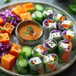Fresh vegetarian spring rolls filled with carrots, cucumber, cabbage, herbs, tofu, and noodles served with dipping sauce.