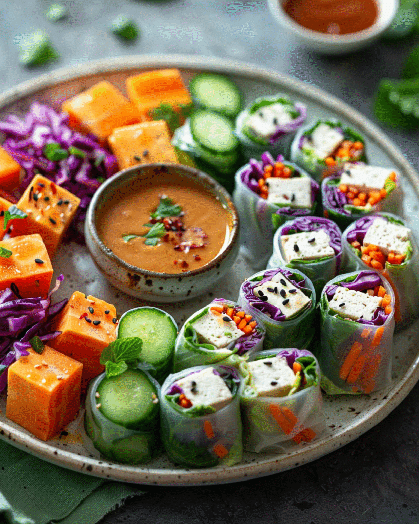 Fresh vegetarian spring rolls filled with carrots, cucumber, cabbage, herbs, tofu, and noodles served with dipping sauce.