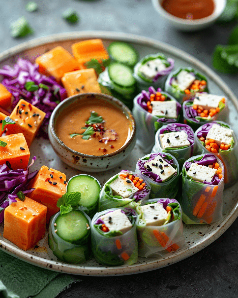 Fresh vegetarian spring rolls filled with carrots, cucumber, cabbage, herbs, tofu, and noodles served with dipping sauce.