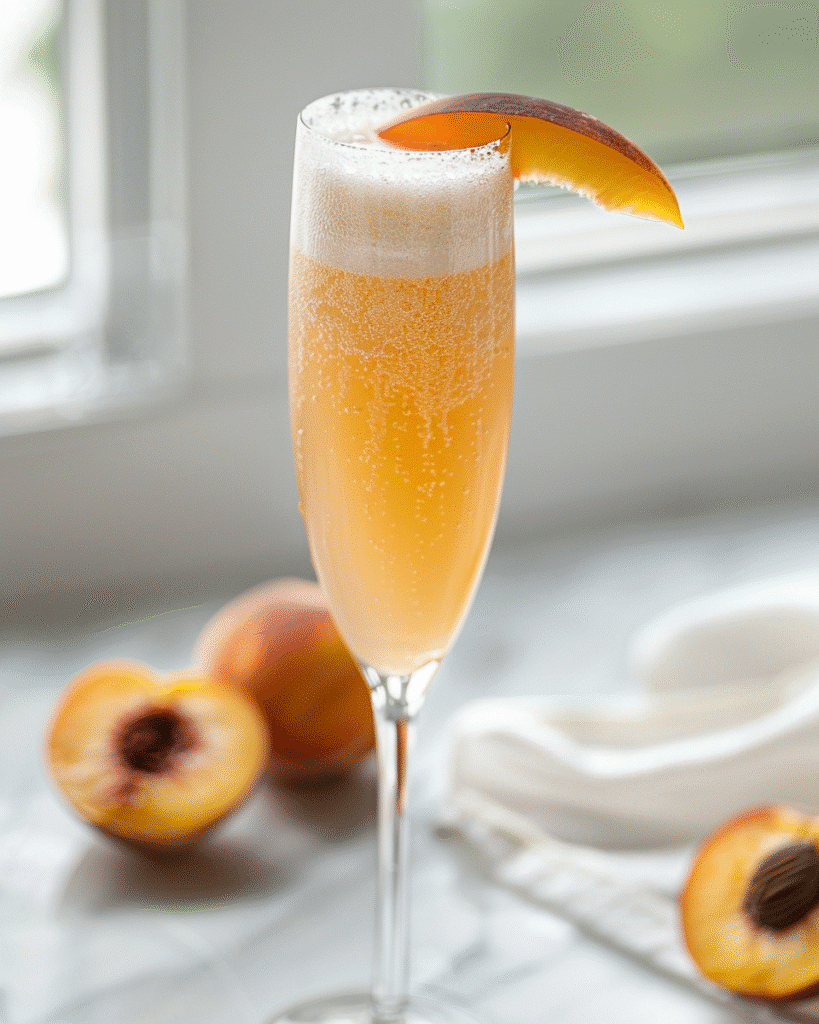 virgin Bellini cocktail in a champagne flute with peach slice garnish and sparkling bubbles