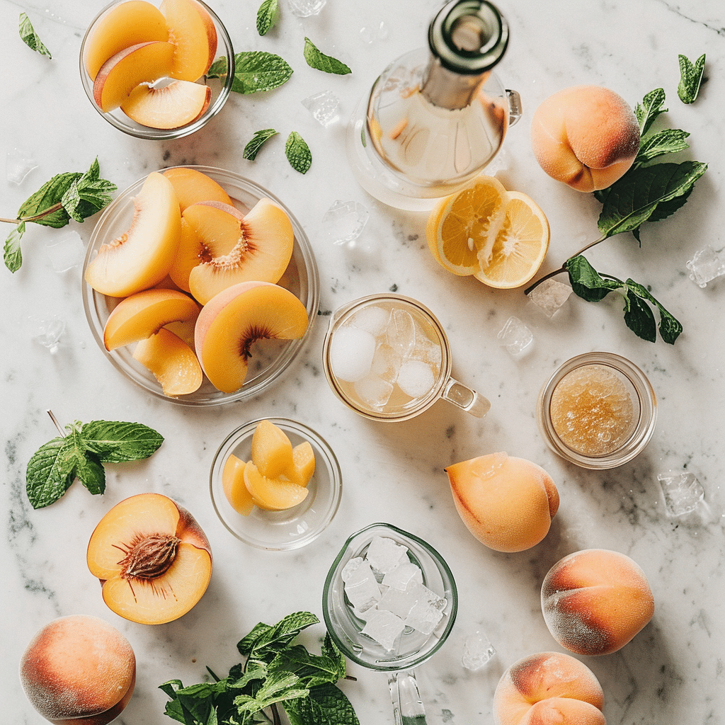 ingredients for virgin Bellini cocktail including peaches, lemon, sparkling water, and simple syrup