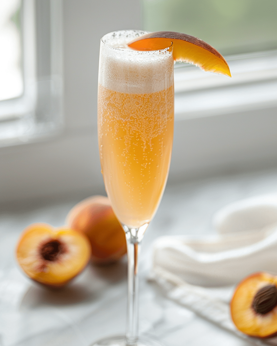 virgin Bellini cocktail in a champagne flute with peach slice garnish and sparkling bubbles
