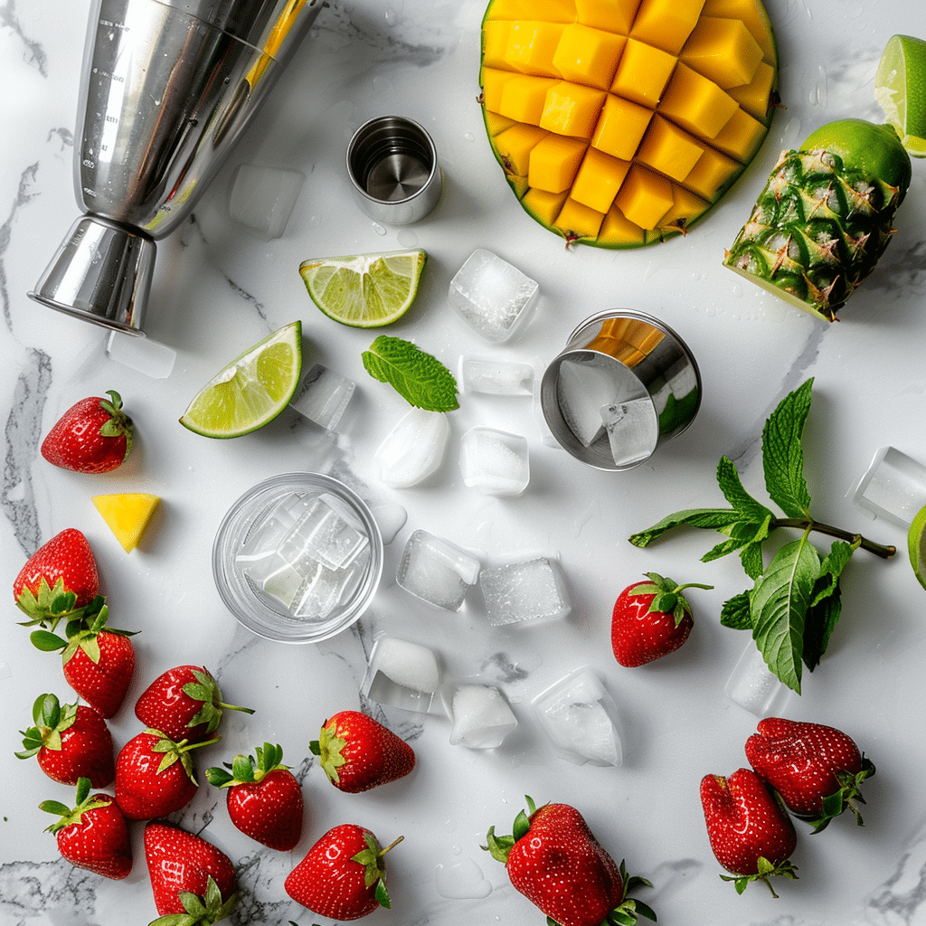 ingredients for virgin daiquiri including strawberries, limes, simple syrup, ice, sparkling water, and tropical fruit