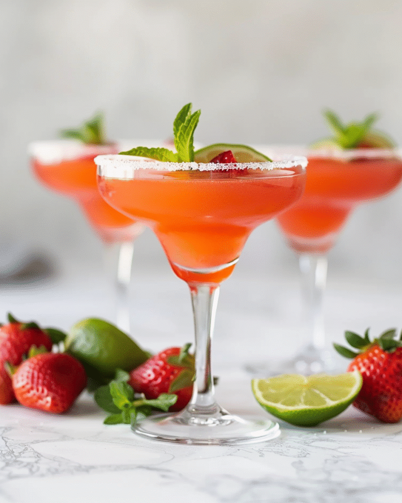 virgin daiquiri mocktails served in glasses with strawberry, lime, and sugar rim garnish