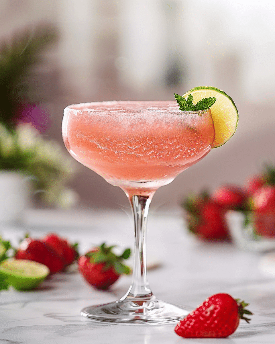 virgin daiquiri mocktail in a coupe glass with strawberry and lime garnish