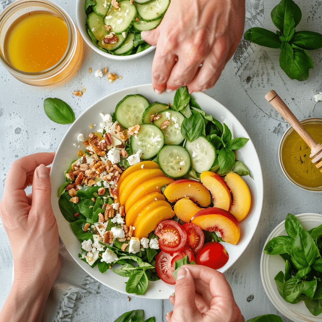 assembling peach salad with fresh peach slices greens feta and toasted nuts