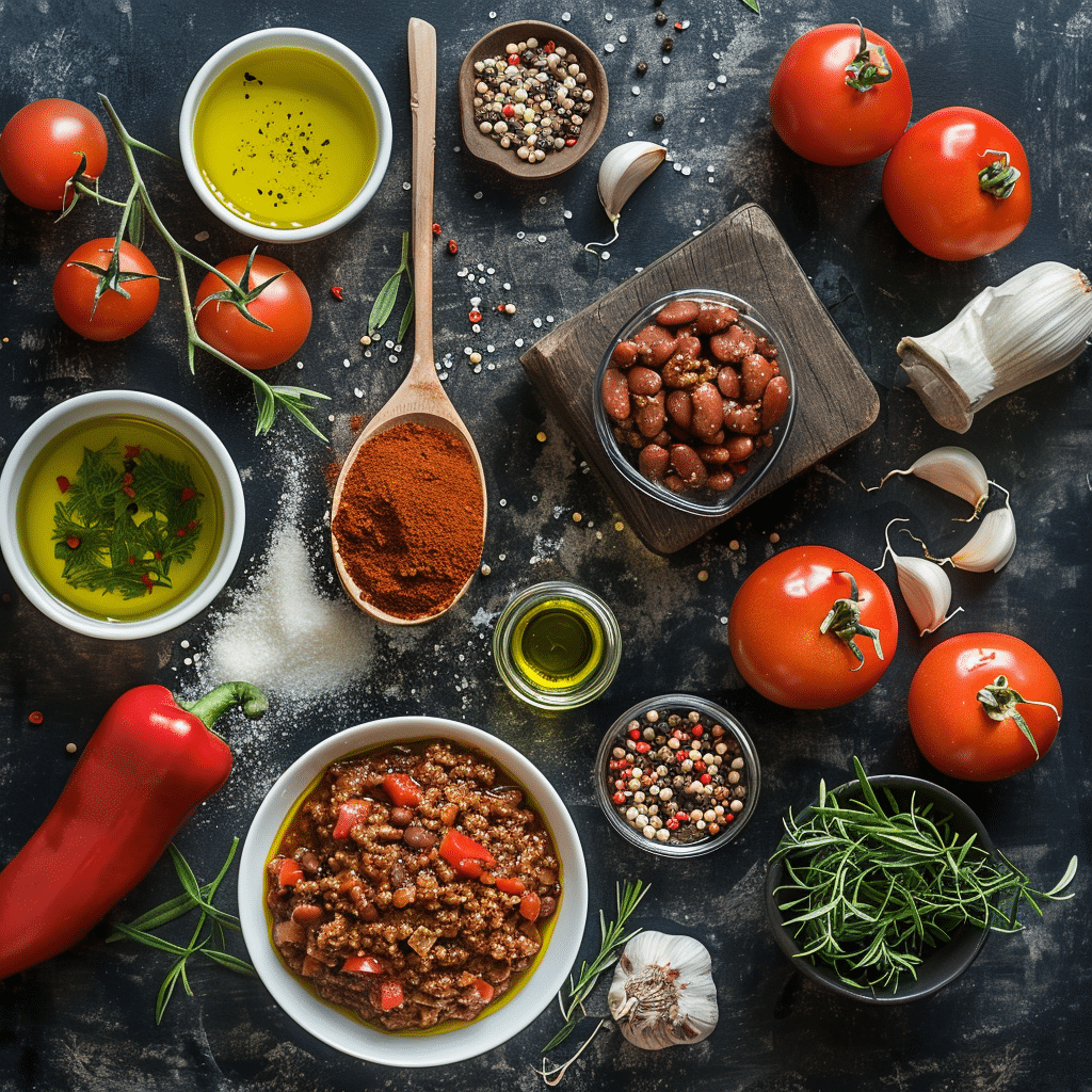 ingredients for homemade chili including ground beef beans tomatoes spices garlic onion
