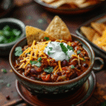 bowl of homemade chili with toppings cheese sour cream and tortilla chips